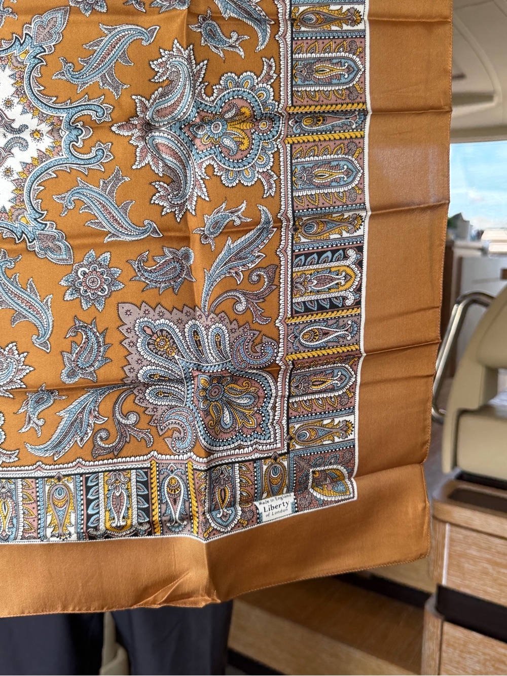 Liberty of London Tan and Blue Paisley Silk Scarf - Picture 3 of 6